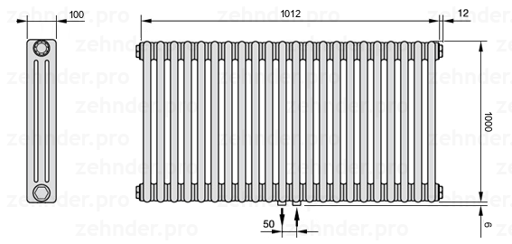 Схема (чертеж) Радиатор Zehnder Charleston 3100/22 №5410 Белый глянцевый RAL 9016